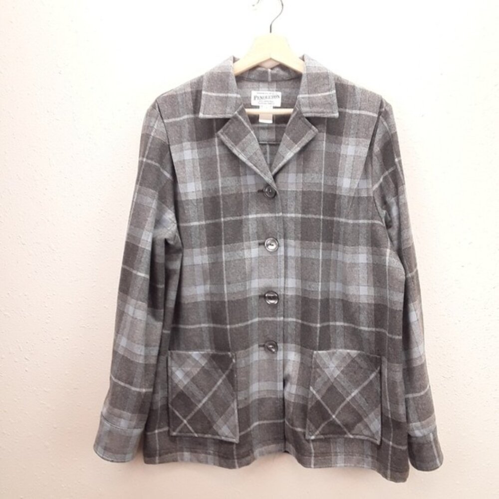 Pendleton Vintage Gray Blue 49er Plaid 100% Virgin Wool Button Front Shacket